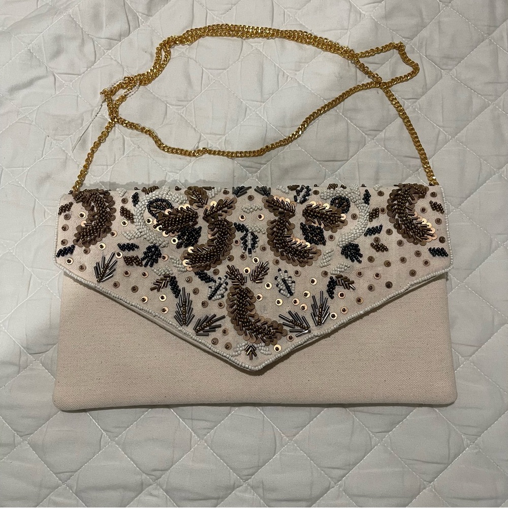 Elegant Embroidered Clutch with Gold Chain